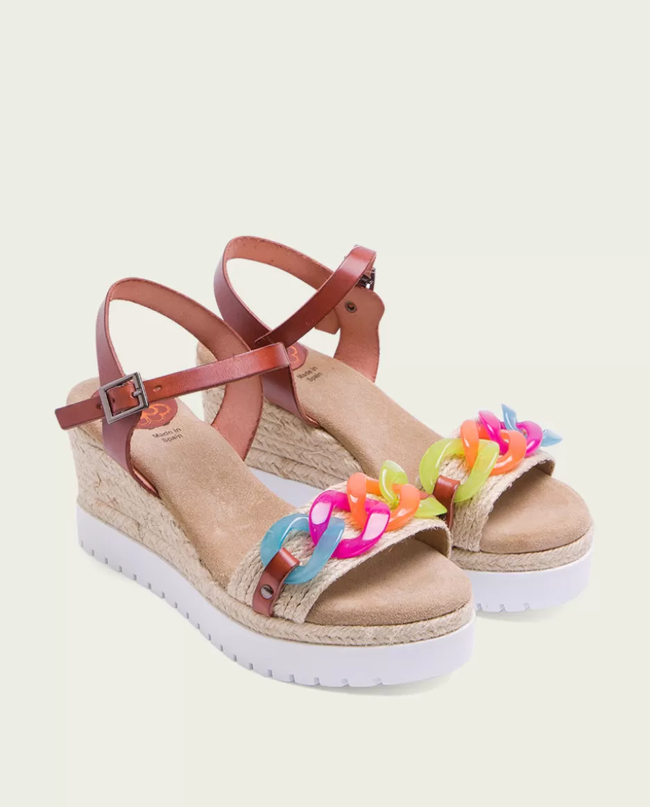 PORRONET Sandalia Cuña Piel Rafia Cuero-Colores Lola- Sandalias Cuña