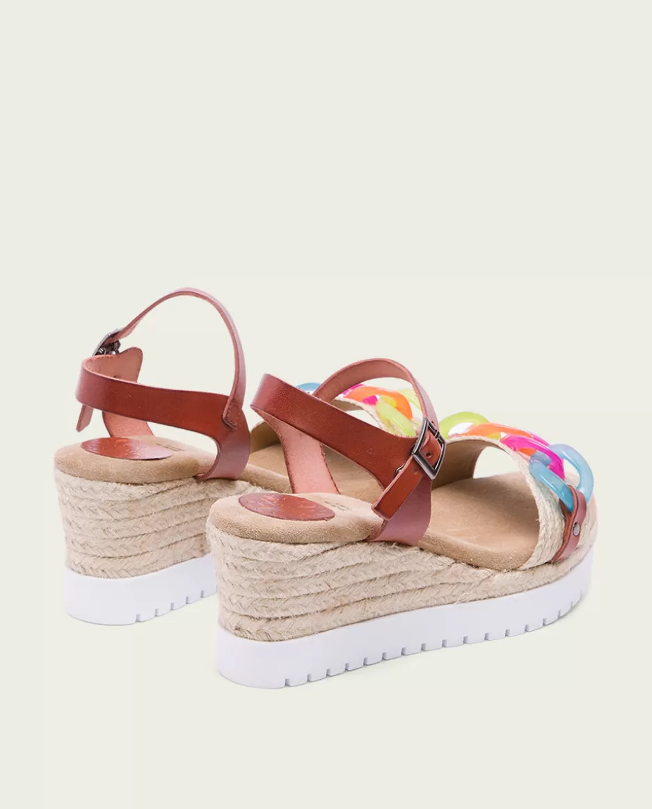 PORRONET Sandalia Cuña Piel Rafia Cuero-Colores Lola- Sandalias Cuña