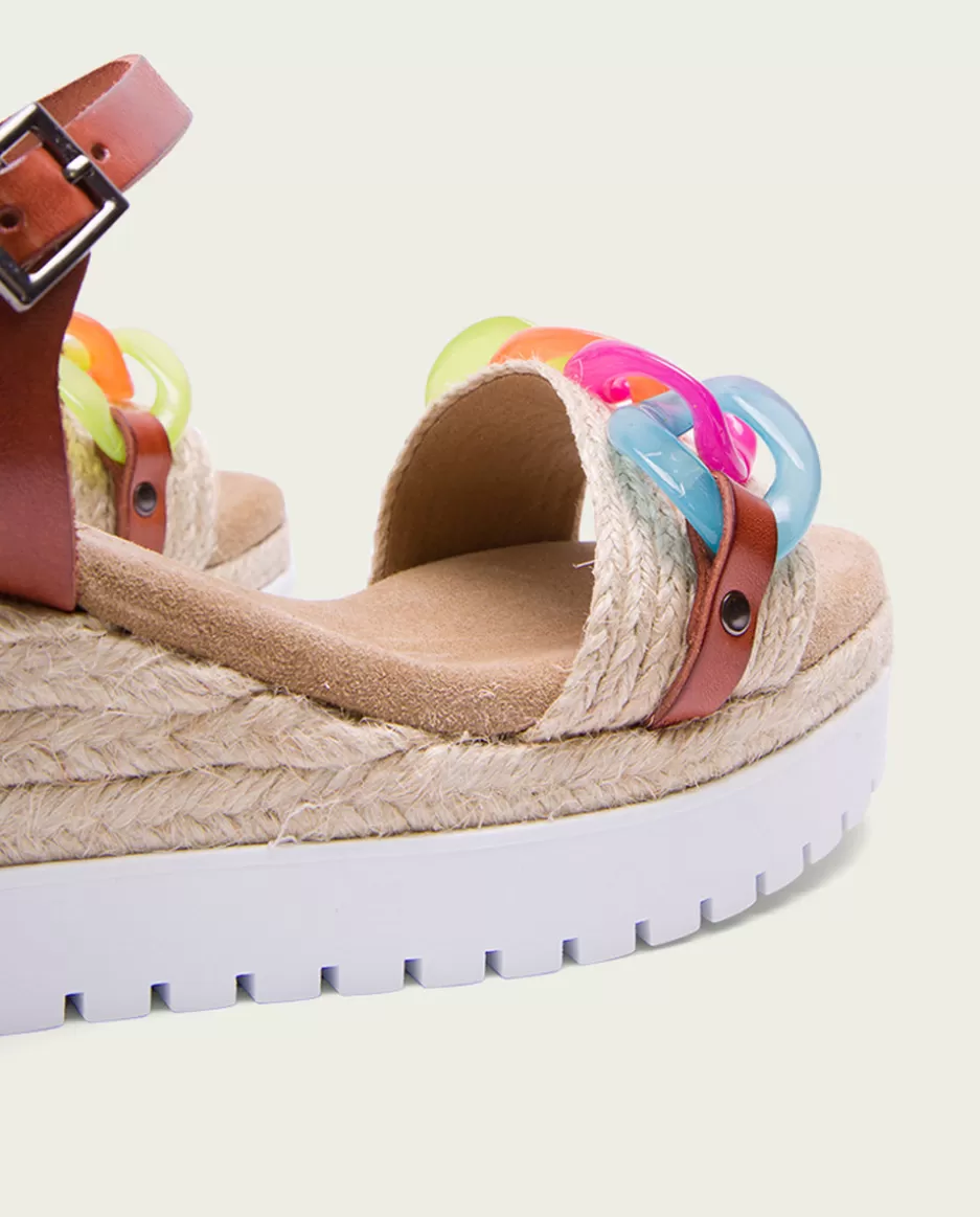 PORRONET Sandalia Cuña Piel Rafia Cuero-Colores Lola- Sandalias Cuña